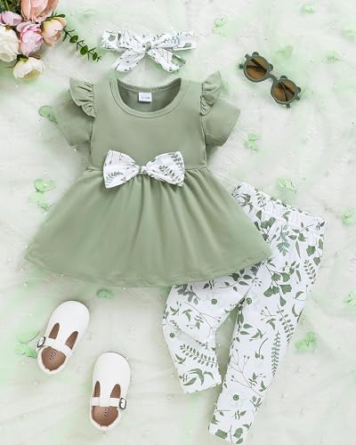 Doresbebe 12-18 Months Baby Girl Clothes Toddler Girl Outfits Floral Shirt Pants Infant Spring Summer Little Clothes Green