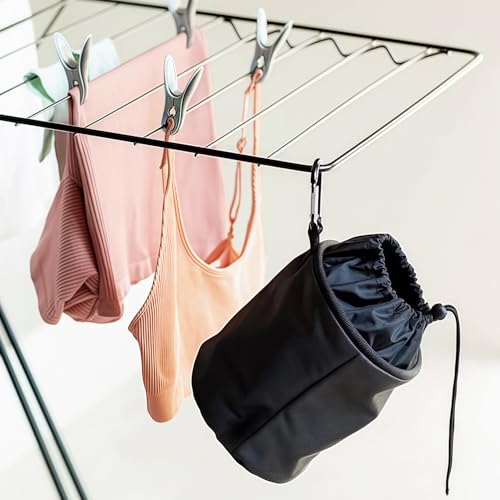 Ezranova Wäscheklammerbeutel mit Haken zum aufhängen, für bis zu 100 Wäscheklammern, schmutzsicherer Klammerbeutel für frische Wäsche, Klammerkorb aus engmaschigen Stoff, peg Bag, schwarz