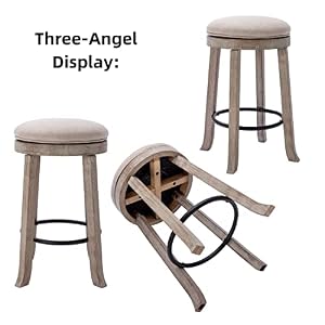 Farmhouse Linen Round Bar Stools Set of 4 360 Swivel 256 Counter Height Stools with Solid Wood Legs Backless Low Barstools with Footrest for Home Bar Kitchen Island Beige