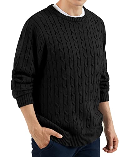 Qualfort Men's Cable Sweaters Crewneck Pullover Sweater Long Sleeve Casual Tops Black Xx-Large #TOP10