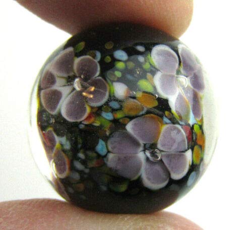 Big Game Toys~22Mm (7/8") Magnolia Hand Made Art Glass Marble W/Stand Clear/Black/Purple/Multicolored Flower #TOP3