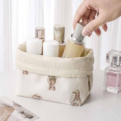 Aesthetic Corduroy Drawstring Makeup Bag, Cute Coquette Drawstring Cosmetic Bag with Canvas Lining, Bear Pattern Travel Makeup Organizer Case for Women Girls (05 Great Bear)2
