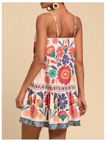 Women's Floral Boho Flowy Mini Cami Dress Ruffle Hem Spaghetti Strap Vacation Tank Dresses3
