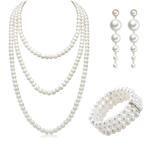 ZXJLWR Collana di perline, 3 pezzi, costume da donna anni '20, elegante, con perline elastiche a 3 pezzi, con orecchini di perle, set di gioielli da donna, per feste, balli, matrimoni