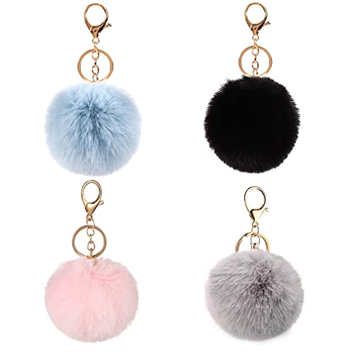 4 Stücke Flauschige Pompons Schlüsselanhänger, Plüsch Taschenanhänger Pompom Accessoire Mit Plüschball Für Handtasche, Schlüssel, Auto - 4 Farben
