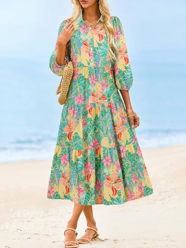 Image of Wenrine Womens Casual 3 /4 Sleeve Shirt Dress Button Down V Neck Tiered Collared Flowy Maxi Dress