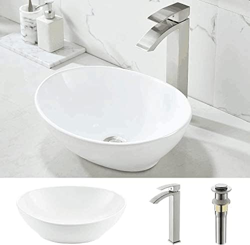 Oval Vessel Sink with Faucet and Drain Combo-WMXQX 16x13 White Bathroom Sink Above Counter Oval Ceramic Bathroom Vanity Vessel Sink, Faucet and Pop Up Drain Combo