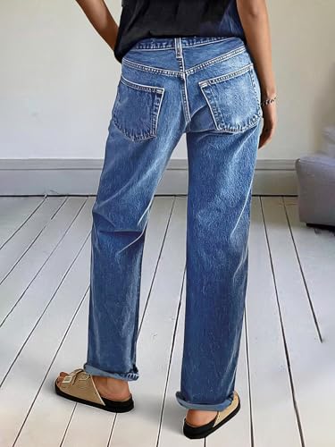 Flamingals Women's Straight Leg Crop Jeans Mid Rise Ripped High Stretch Washed Roll Hem Denim Jeans for Women4