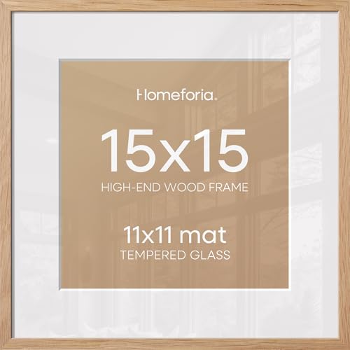 Image of Homeforia 15x15 Natural Oak Picture Frame, High-End Wood, 11x11 Mat, Glass | High End Solid Oak Wood, Tempered Glass, Acid-Free 11x11 Removable Mat, 15x15 Edge-to-Edge Display 15x15, Wall Kit, Set Of 1