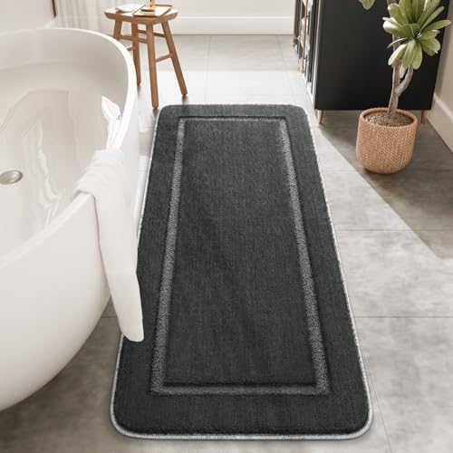 HOMORE Long Bathroom Runner Rugs 24x60 Inch, Absorbent Non Slip Washable Bathroom Rug, Luminous and Luxury Shaggy Bath Rugs Plush Bath Mats for Shower Floor, Dark Grey