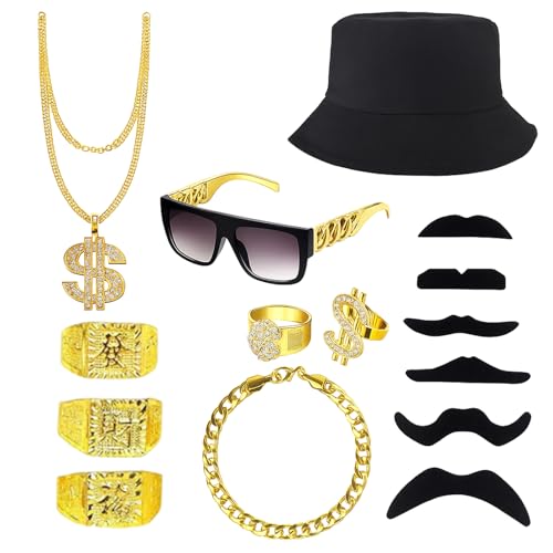 KAZGVN Costume d'Halloween des années 80 pour homme, 15 pièces comprenant chapeau, bague, lunettes, bracelet, fausse chaîne dorée et barbe pour fête sur le thème hippie disco