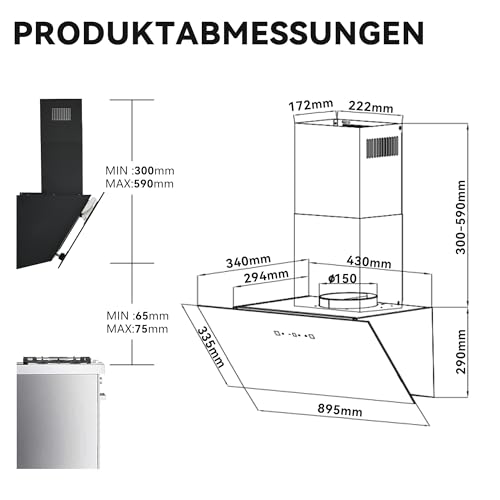 90 cm Schräghaube Dunstabzugshaube A+++ Energieklasse, 416 m³/h Luftleistung, 58 dB Leise Kopffrei Wandhaube, Touch- & Gestensteuerung, Abluft- & Umluftbetrieb, inkl. 2× Aktivkohlefilter, Schwarz