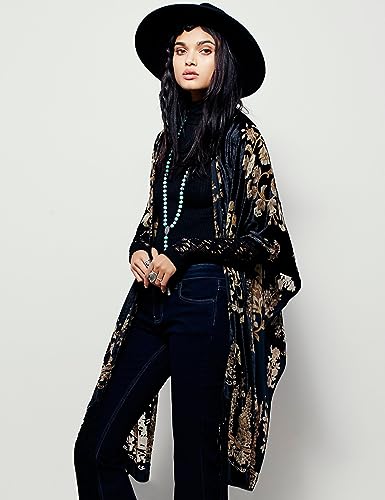 Image of Women's Burnout Velvet Kimono Long Cardigan Cover Up Casual Outfit