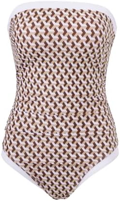 SUUKSESS Women Sexy One piece Tummy Control Swimsuit Strapless Bandeau Slimming Halter Swimwear 2025 Colorblock Backless Bathing Suit (Brown Geo,Large)