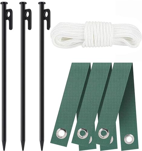 3 Pcs 12 Inch Heavy Duty Steel Tree Stake Kits Tree Stakes and Supports for Leaning Trees Tree Staking and Support Kits for Young Tree Against Bad Weather, Bonus: Tree Straps and Rope for Anchoring
