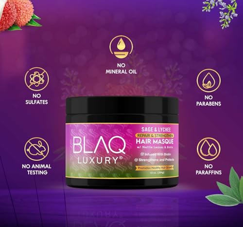 Blaq Luxury Sage & Lychee Hair Masque Treatment for Stronger, Healthier Hair - Biotin Infused, Promotes Growth & Moisture Retention, All Types, 10oz - Image 5