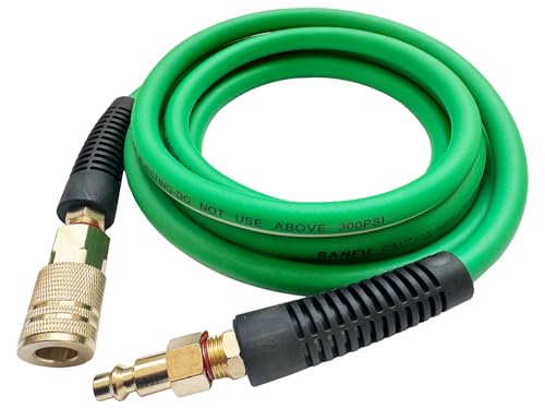 SANFU Hybrid Air Hose 1/4ID x 25FT 300PSI Durable Lightweight With 1/4 Industrial Brass Quick Coupler and Plug Bend Restrictors Green&White(25)