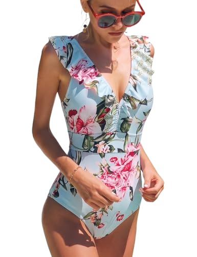 heekpek Traje De Baño Mujer Una Pieza Moda Monokini Push Up Brasileño Rayas Floral Impresión Baño Bañador Traje Bikini Bañadores De Mujer Tallas Grandes Ropa de Baño Cuello en V, Floral, L