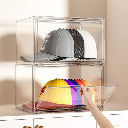 ZHAIXIAONIAN Hat Organizer Box, 2 Pack Hat Storage for Baseball Caps, Stackable Cap Hat Container Holder Rack with Magnetic Lids, Dustproof and Waterproof Acrylic Dispaly Case by ZHAIXIAONIAN - Used condition - US$27.54
