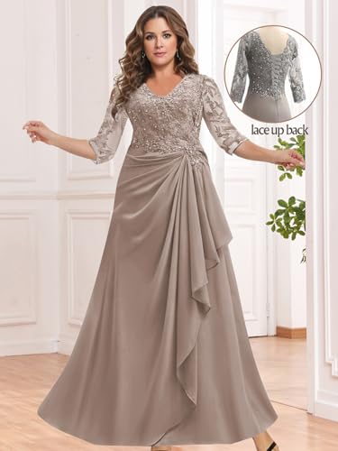 MAGGCIF Lace Mother of The Bride Dresses with 3/4 Sleeves Chiffon Ruffle Beaded Long Evening Formal Wedding Guest Dress2