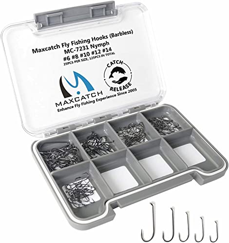 125/150pcs Barbless Fly Fishing Fly Tying Hooks Dry Nymph Wet Shrimp Jig Hook with Mini Fly Box (#6- #14 (5 sizes)-125pcs, Combo: MC-7231 Nymph Fly Hook (Barbless))
