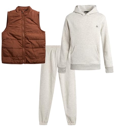 RBX Boys Active Sweat Set - 3 Piece Fleece Boys Hoodies Youth Sweatpants and Puffer Vest Kids Athletic Matching Set (4-12)