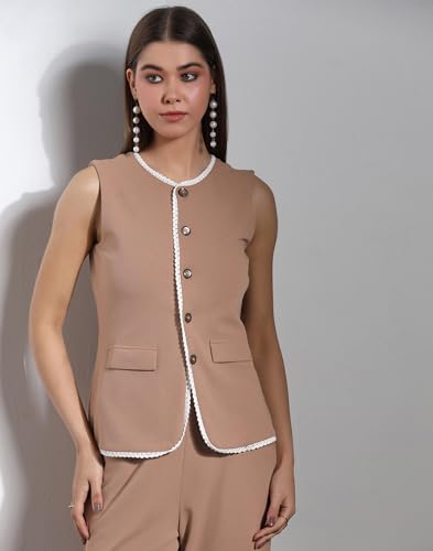 Image of Selvia Women's Sleeveless Button West Top with Straight Pants, Chic Formal Co-Ord Set