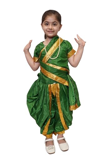 Image of Kaku Fancy Dresses Marathi Girl Lavni Folk Dance Costume with Jewellery for Kids - Green, 10-12 Years