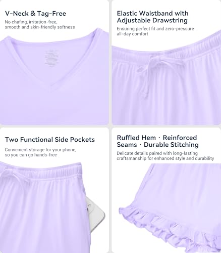 Image of WiWi Womens Pajamas Set Bamboo Viscose Super Soft Short Sleeve Top Ruffle Shorts Sleepwear Cooling Pj Sets S-XXL