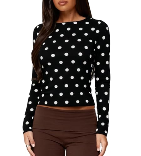 Polka Dot Tops for Women Long Sleeve Crew Neck Slim Fit Shirt Tops