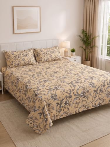 Image of Mafatlal 130 GSM Pearl Premium Double Bedsheet Set with 2 Pillow Covers | 90 x 100 Inch | Cozy Microfiber Weave | Shrink Resistant, Durable, Breathable, Modern Bedroom Essential | Beige Floral