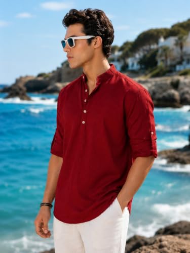 Image of Majestic Man Men's Pure Cotton Solid Mandarin Collar Slim Fit Roll-Up Sleeves Short Kurta Lightweight Summer Kurta for Daily & Occasion Use