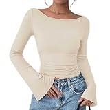 BIMOZY Top de Diseñador de Manga Larga para Mujer,Top Corto de Otoño para Salir,Cuello Barco Informal,Mangas Acampanadas,...