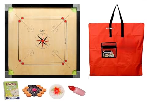 Image of Superior Matte Finish Practice Carrom Board for Serious Professional Practice with Coins Striker and Powder Black New (32 inch Cut Carrom with Red Cover)