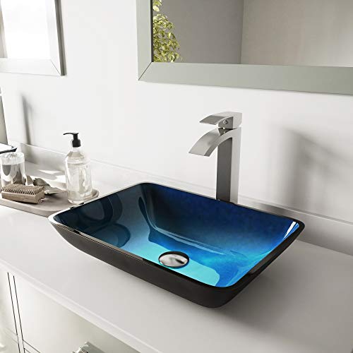 Vigo Vgt795 18.125" L -13.0" W -12.0" H Handmade Countertop Glass Rectangular Vessel Bathroom Sink Set In Turquoise Finish With Brushed Nickel Single-Handle Single Hole Faucet And Pop Up Drain #TOP1