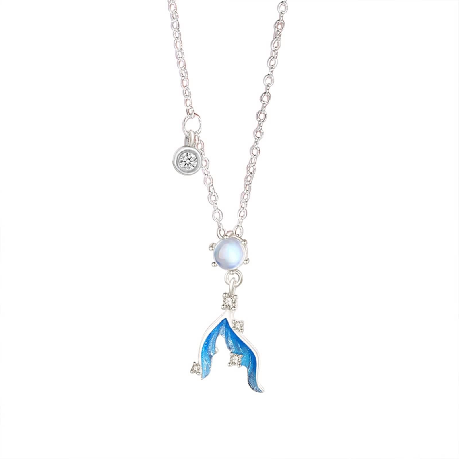 Collane Oro Bianco, Collane Donna Azzurro Chiaro Pietra di Luna Catenina Oro Bianco 9K/14K/18K con Moissanite Smalto A Coda di Pesce 40+5cm