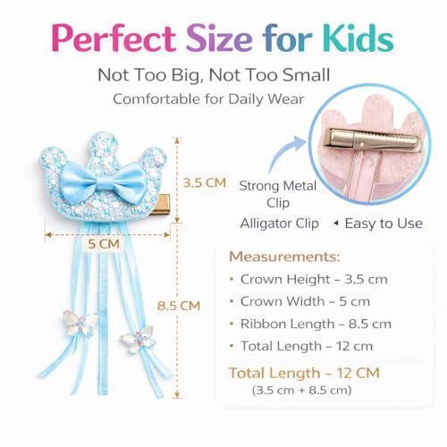 Image of Kids Glitter Crown & Princess Ribbon Alligator Hair Clips, 10 Pcs | Non-slip toddler hair accessories with tassel and storage box. Ideal gift for school, birthday, and princess parties.