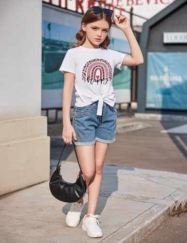 Image of Arshiner Girls Short Sleeve Shirts Tie Knot Front Tops T Shirts for Kids Crewneck Cute Casual Tie Dye Tee Blouse