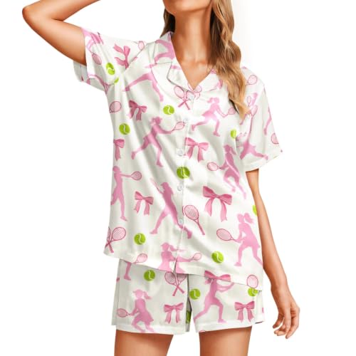 Image of Funny Pajamas for Women Set Print Satin Loungewear Pjs Short Sleeve Button Down Top and Shorts Sets Sleepwear XS-3XL
