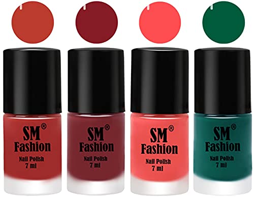 Image of Nail Polish Combo Set (Pack of 4) Quick Dry Gel Finish Nail Paint | Dark Peach,Plum,Peach Pink,Green | 7 ml Each