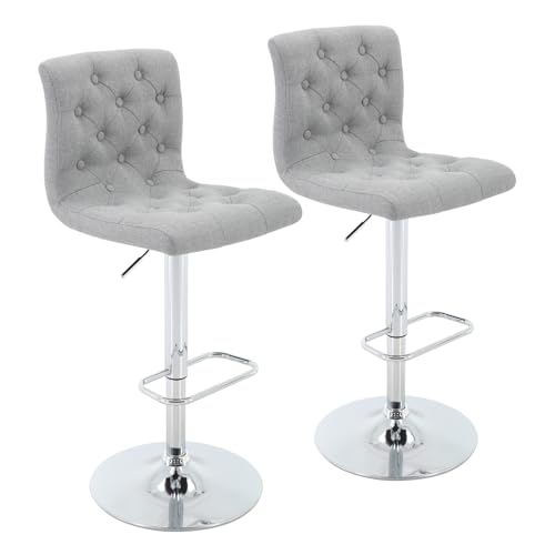 Butacos de Tela con Respaldo, Juego de 2, Gris Claro, Altura Ajustable de 24,75" a 33", Giratorios, para Isla de Cocina, Bar o Cafetería