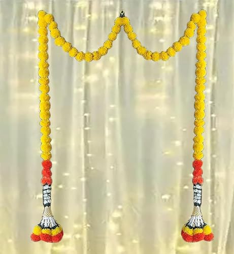 Image of Tia Crafts Handmade Decorative Marigold Jasmine Bell Artificial Fluffy Garland for Home Door, Entrance Door Decoration | Pooja Decoration (Yellow Mala BellToran)