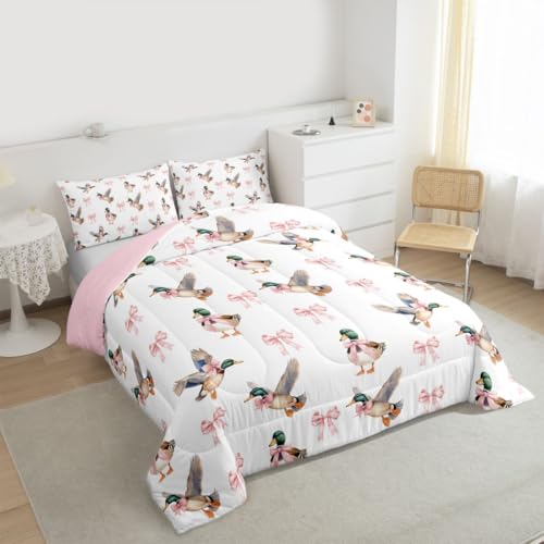 Image of Feelyou Bow Mallard Duck Pink Bedding Set Full Size,Hunting Duck Bowknot Girly Comforter Set for Kids Teens Room Decor Farmhouse Rustic Quilt