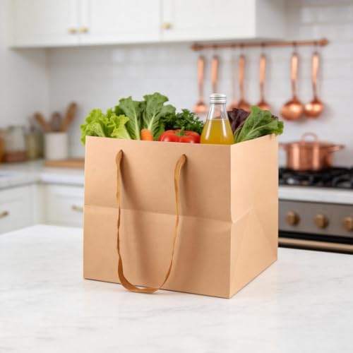 CHUENKUK Lot de 15 Sacs en Papier Kraft avec Anse - 21 x 21 x 21 cm - Sacs Cadeaux Carrés Marron pour Fête, Anniversaire, Noël, Shopping – vue 7