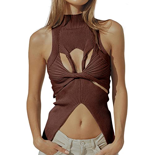 Image of Women Strapless Crop Top Sexy Hollow Out Twist Front Knitted Tank Tops Sleeveless Y2K High Neck Cut Out Sweater Vest