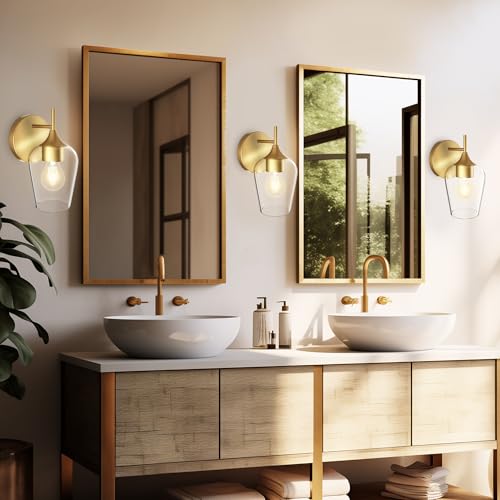 Image of Hamilyeah Gold Sconces Wall Lighting Set of 2, Bathroom Wall Lighting Fixtures Brass, Modern and Vintage Wall Lights with Clear Champagne Glass Shade for Bedroom, Fireplace, Hallway, Kitchen