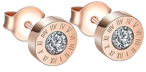 INFINIONLY Hombre Mujer Pendientes de Acero Inoxidable Mujer Pendientes Aros de Números Romanos con Circonita Brillante Aretes Redondos de 8mm, Oro rosa
