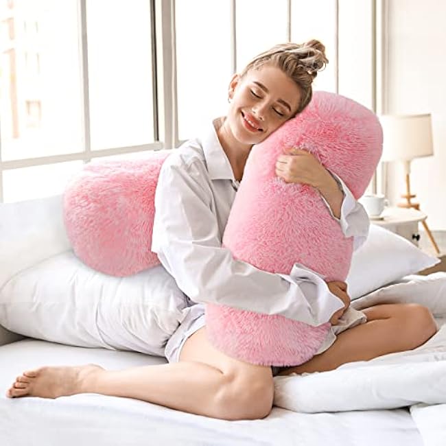 Jelymark Decorative Fluffy Throw Pillows for Room Sofa Bed, Fuzzy Body Pillow, Luxury Soft Faux Fur Round Long Couch Pillows for Reading Sleeping, Removable Pillow Cover and Inserts, Pink, 8x25 Inch