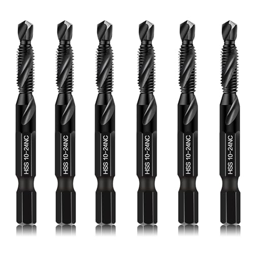 6-Piece 10-24NC Combination Drill Tap Countersink Bit Set SAE, Made of High-Speed Steel with Anti-Rust Blackened Coating, Ideal for Soft Metal, Wood & Plastic, 10-24NC Thread Size, 1/4" Hex Shank