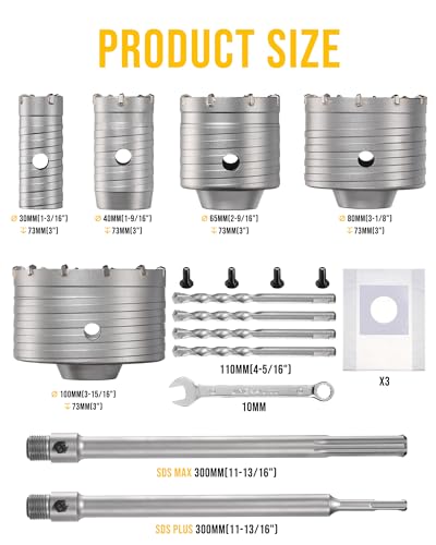 TGFTGF 9PCS Concrete Hole Saw Kit, 30/40/65/80/100mm Tungsten Carbide Masonry Hole Saw Kit with 300mm SDS Plus & SDS Max Bit Shank Drill Bit Sets for Concrete, Brick, Stone, Cement, Tile,Wall Drilling